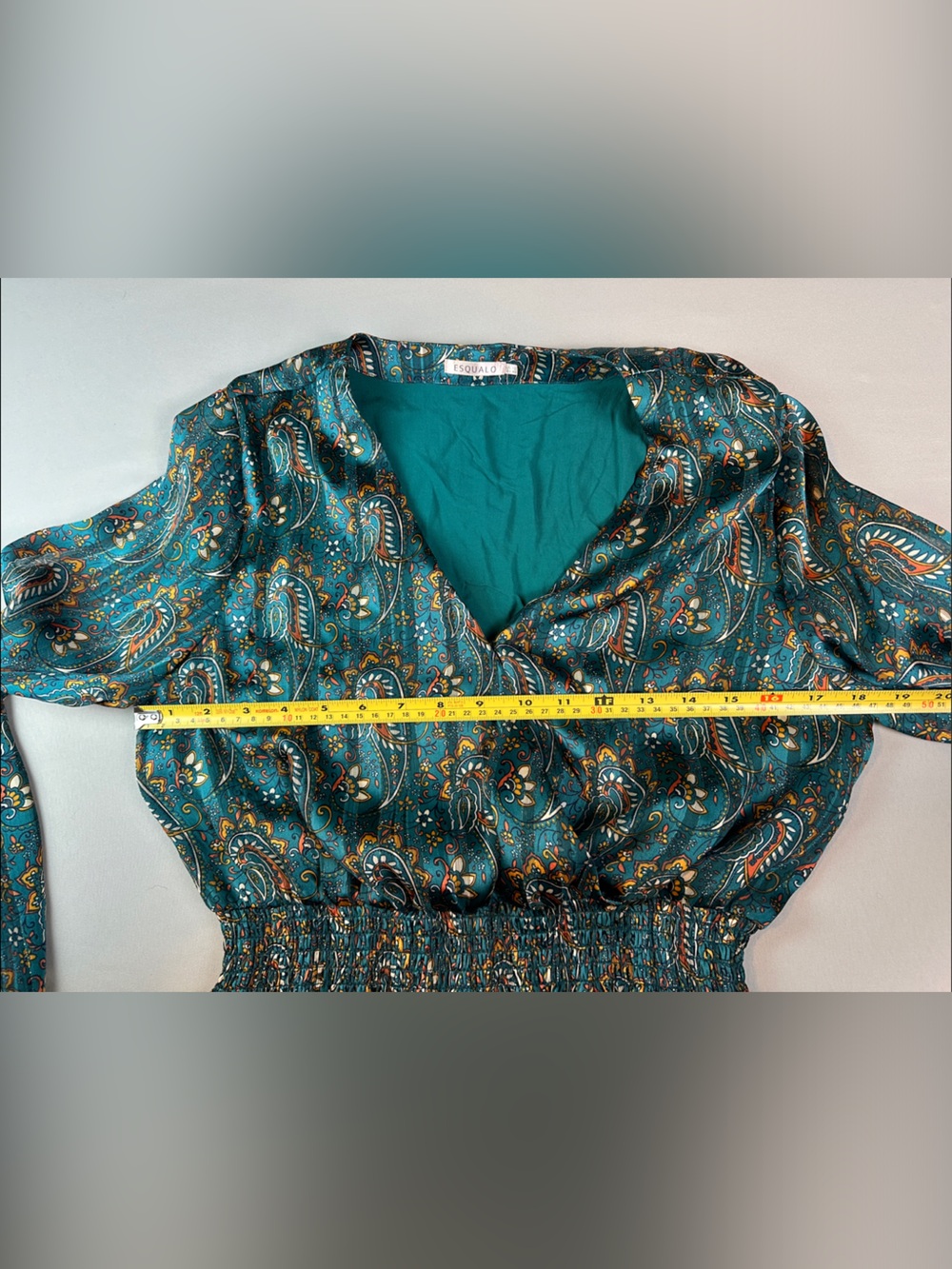 Esqualo Dress Womens 10 Green Blue Paisley Chiffon Fit Flare Long Sleeve Boho - Picture 5 of 5